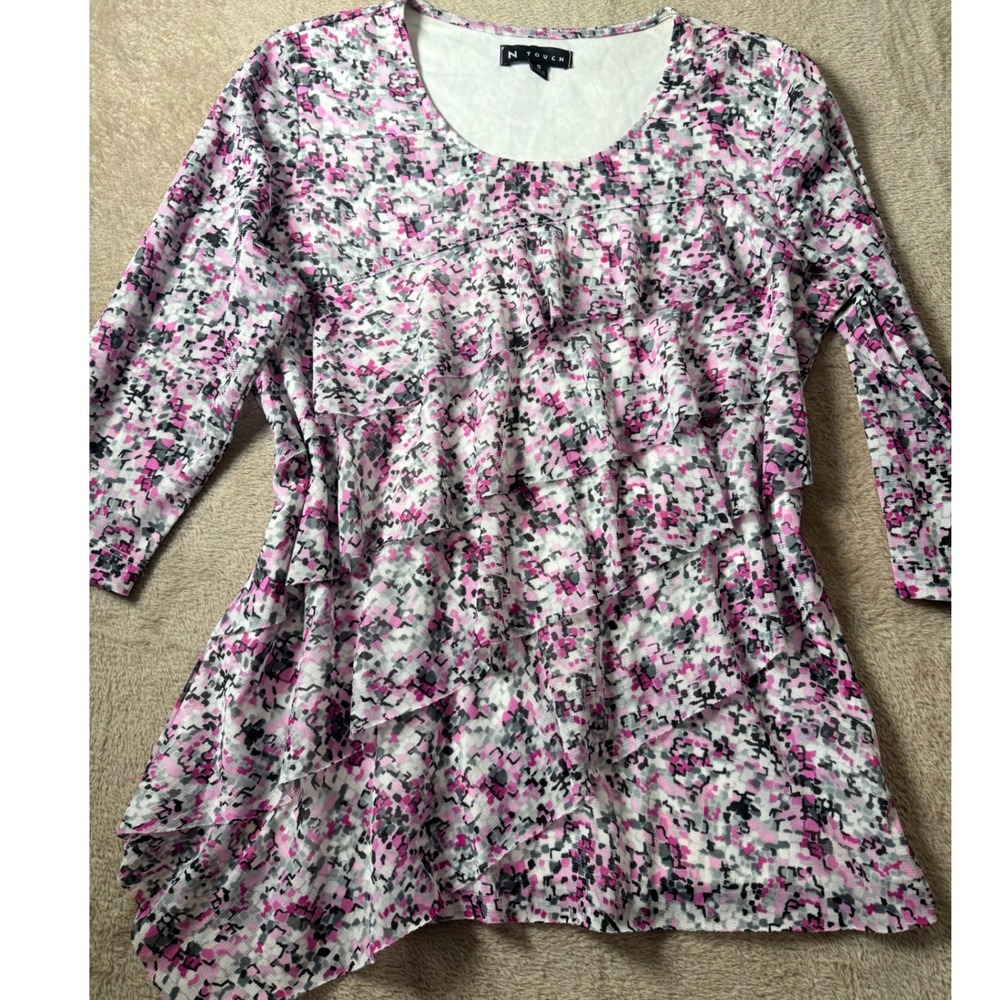 N Touch Pink Purple Abstract Pixel Tiered Ruffle Asymmetrical Top Small